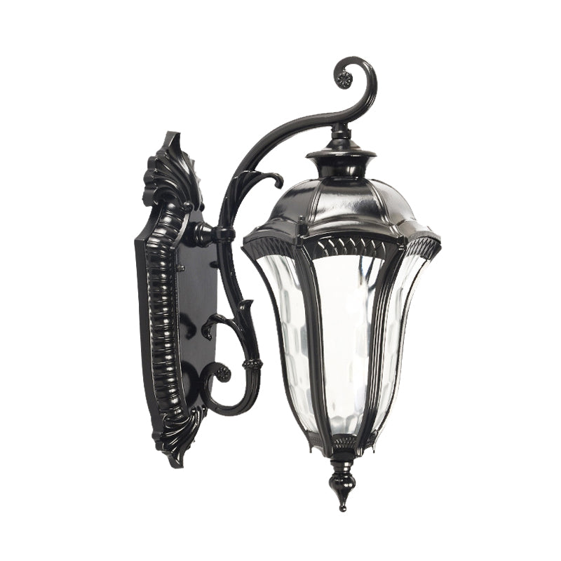 Outdoor Farmhouse Wall Lamp - Black Finish Urn Sconce With Clear Dimpled Glass