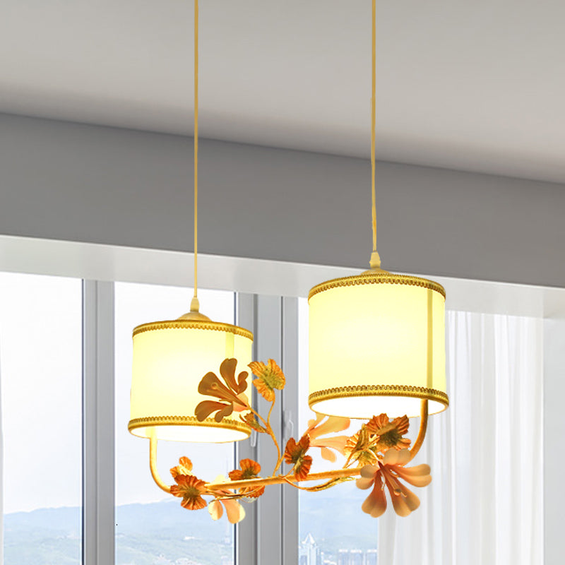 White Pastoral Cylinder Ceiling Light With Blossom Decor - Multi Pendant Lamp (2 Bulbs) Fabric