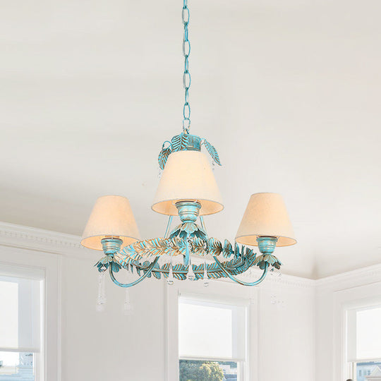 Pastoral Blue Fabric Cone Chandelier Lamp - Elegant 3/6 Bulbs Pendant Light With Metal Leaf And