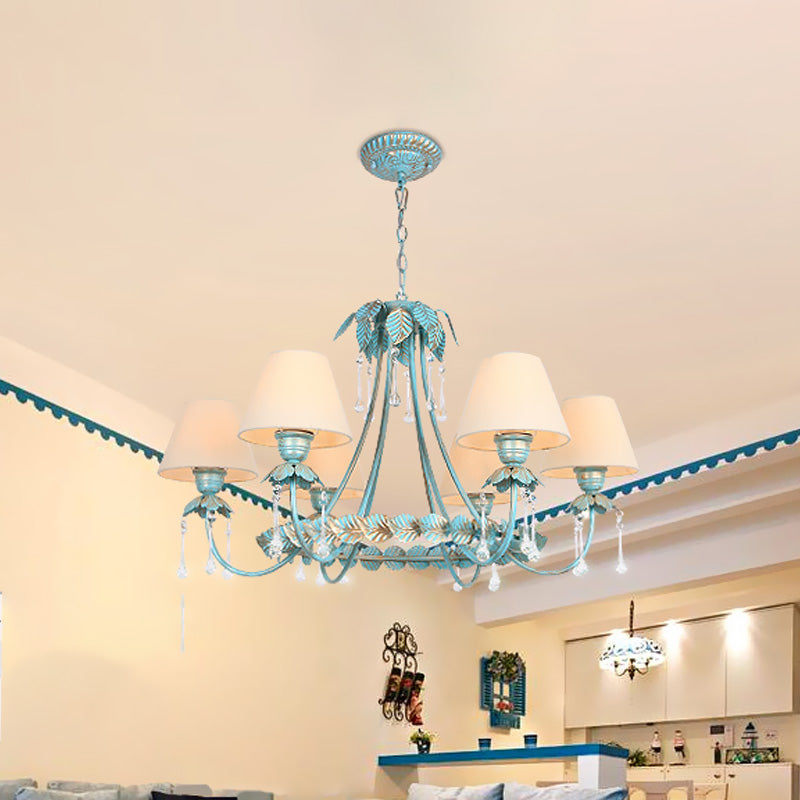 Pastoral Blue Fabric Cone Chandelier Lamp - Elegant 3/6 Bulbs Pendant Light With Metal Leaf And
