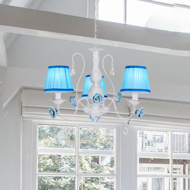 Pastoral Style Fabric Blue Chandelier With Crystal Accent - Conical Pendant Light Fixture (3/6/8