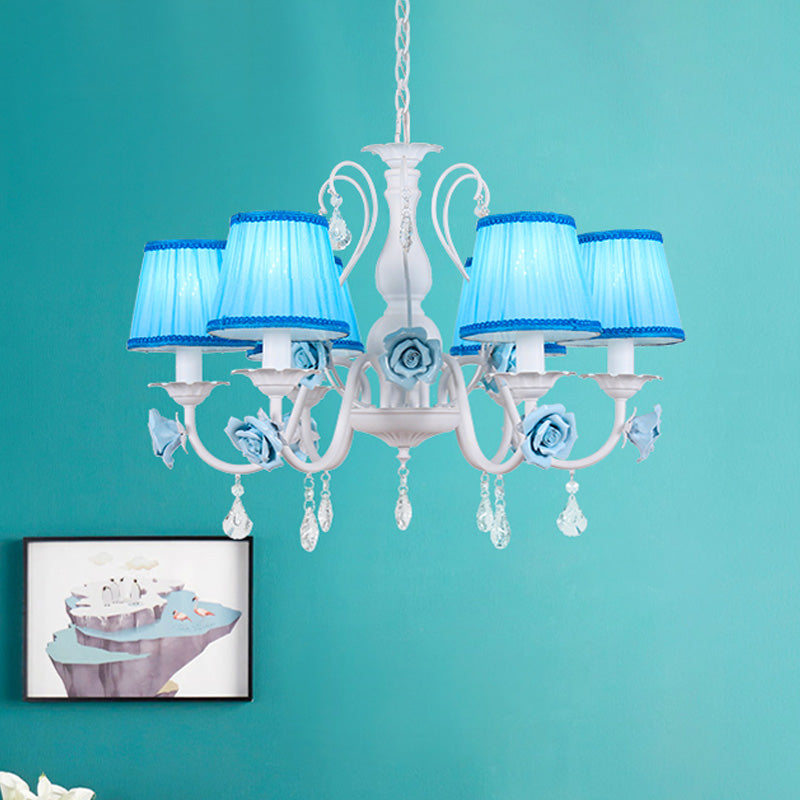 Pastoral Style Fabric Blue Chandelier With Crystal Accent - Conical Pendant Light Fixture (3/6/8