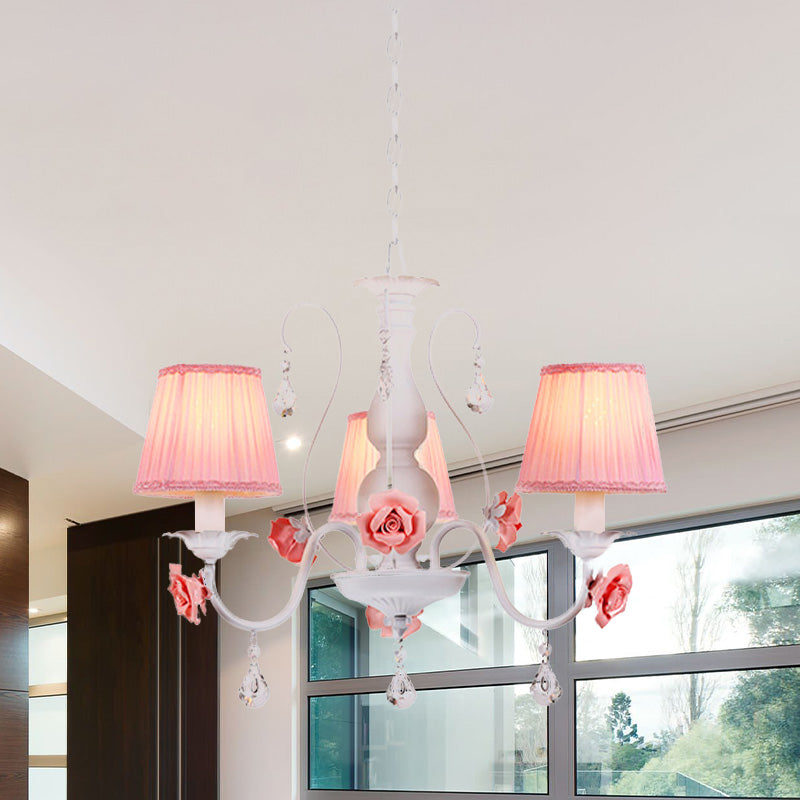 Pastoral Pink Pleated Shade Chandelier With Crystal Drop - Dining Room Pendant (3/6/8 Lights) 3 /