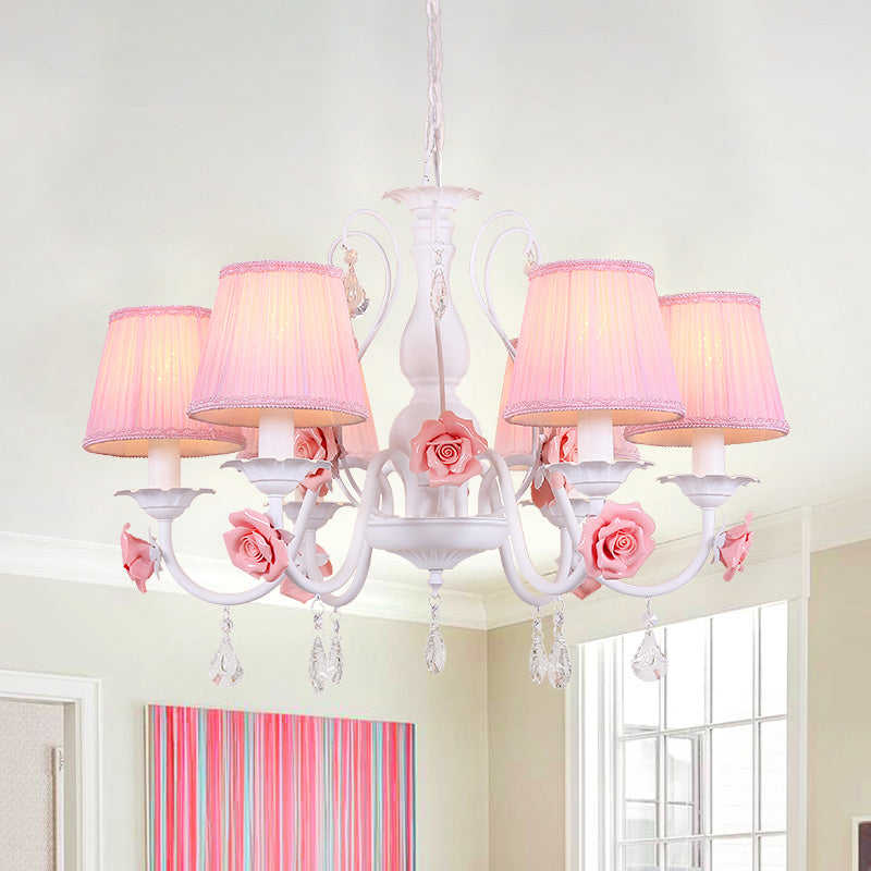 Pastoral Pink Pleated Shade Chandelier With Crystal Drop - Dining Room Pendant (3/6/8 Lights)