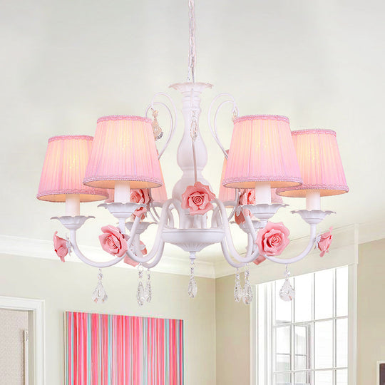 Pastoral Pink Pleated Shade Chandelier With Crystal Drop - Dining Room Pendant (3/6/8 Lights) 6 /