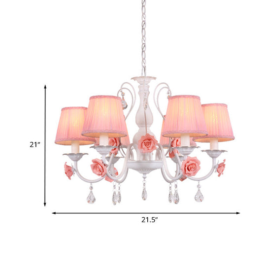 Pastoral Pink Pleated Shade Chandelier With Crystal Drop - Dining Room Pendant (3/6/8 Lights)