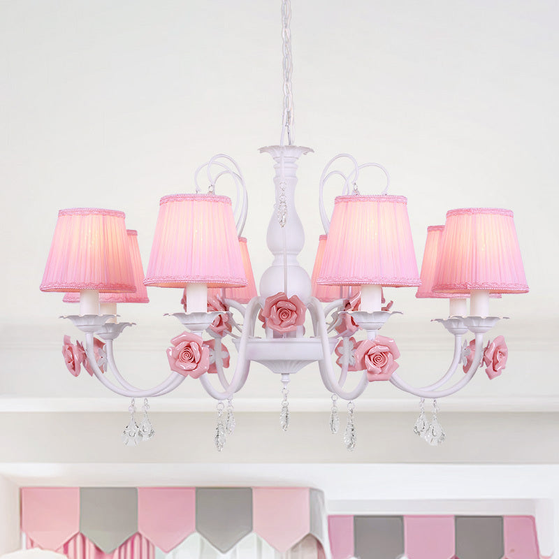 Pastoral Pink Pleated Shade Chandelier With Crystal Drop - Dining Room Pendant (3/6/8 Lights) 8 /