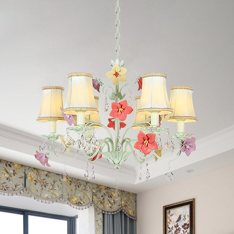 Korean Flower Flared Drop Lamp - 6 Bulb Fabric Chandelier In Light Green With Crystal Accents
