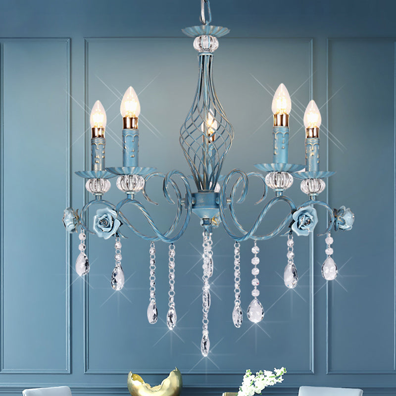 Korean Flower Metal Chandelier With Blue Candlestick Design - Elegant Dining Room Ceiling Lamp