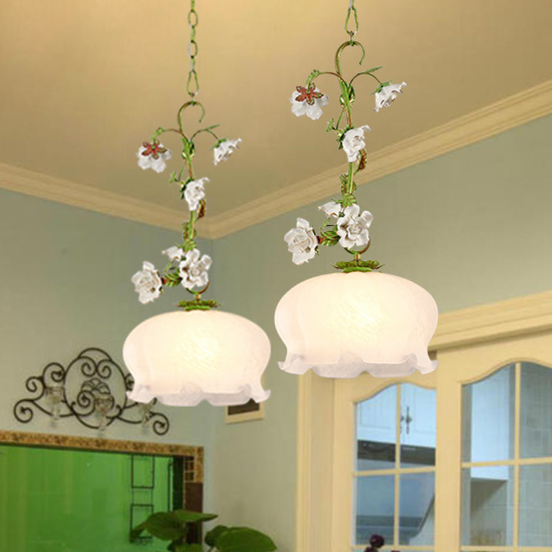 White Glass Scalloped Pendant Light With Green Suspension - Perfect For Dining Room
