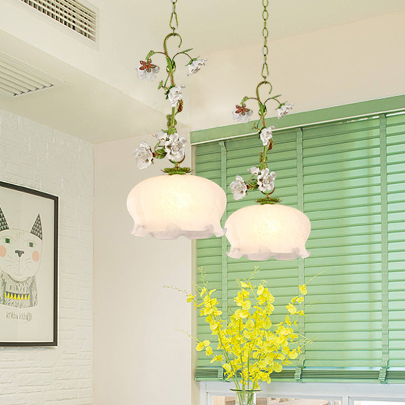 White Glass Scalloped Pendant Light With Green Suspension - Perfect For Dining Room