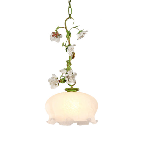 White Glass Scalloped Pendant Light With Green Suspension - Perfect For Dining Room