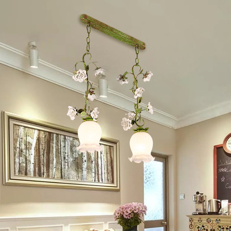 Pastoral Style Green Hanging Lamp With Multi Light Pendant For Dining Room - White Glass Flower