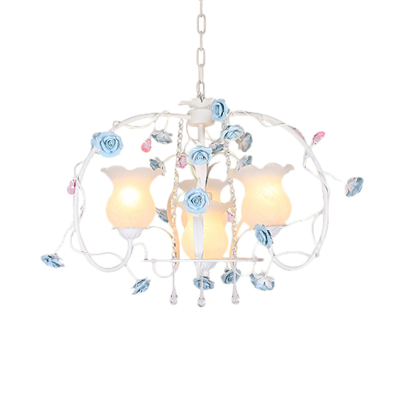 Romantic Pastoral Metal Chandelier With Elongated Arms - 4-Head Bedroom Pendant Lamp White Glass