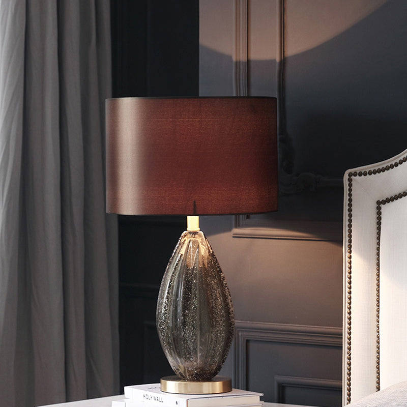 Contemporary Black Desk Lamp With Teardrop Crystal 1-Head & Red Brown Fabric Shade
