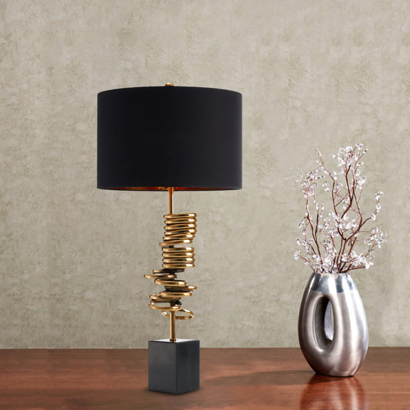 Modern Metal Multi Halo Ring Table Light - Brass Nightstand Lamp With Black Fabric Shade