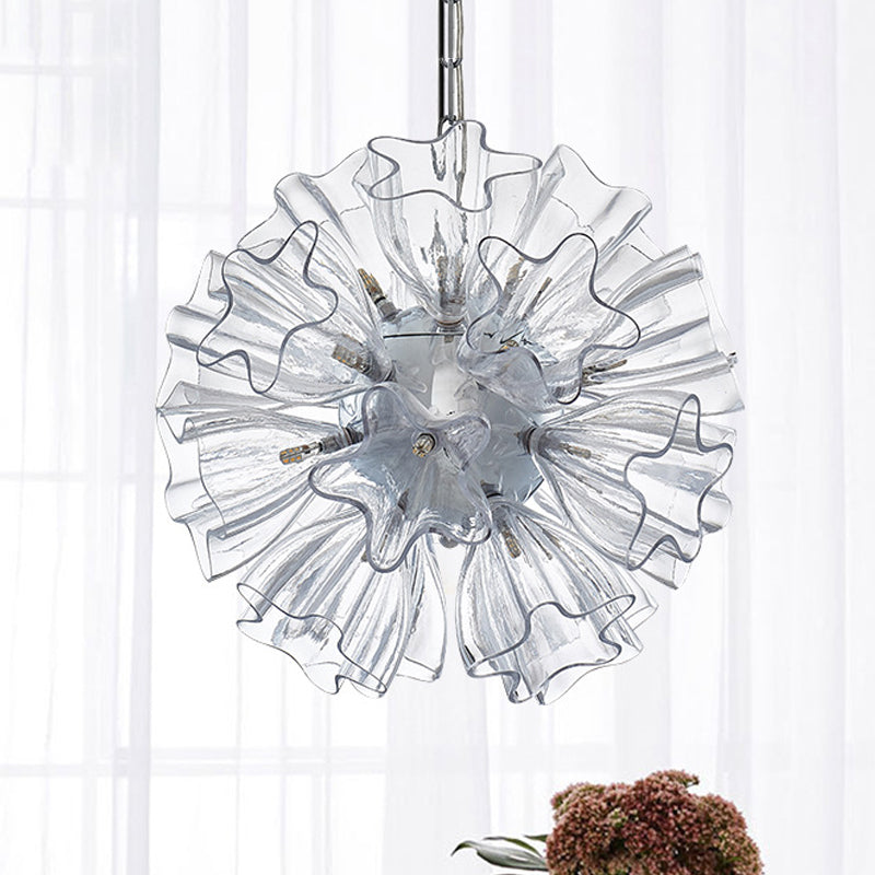 Contemporary 19-Bulb Chrome Suspension Chandelier with Blossom Design - Star Clear Glass Lighting