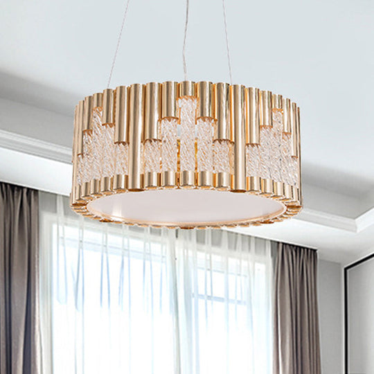 Modern 3-Light Gold Drum Pendant Chandelier For Living Room - Spiral Clear Glass Tube