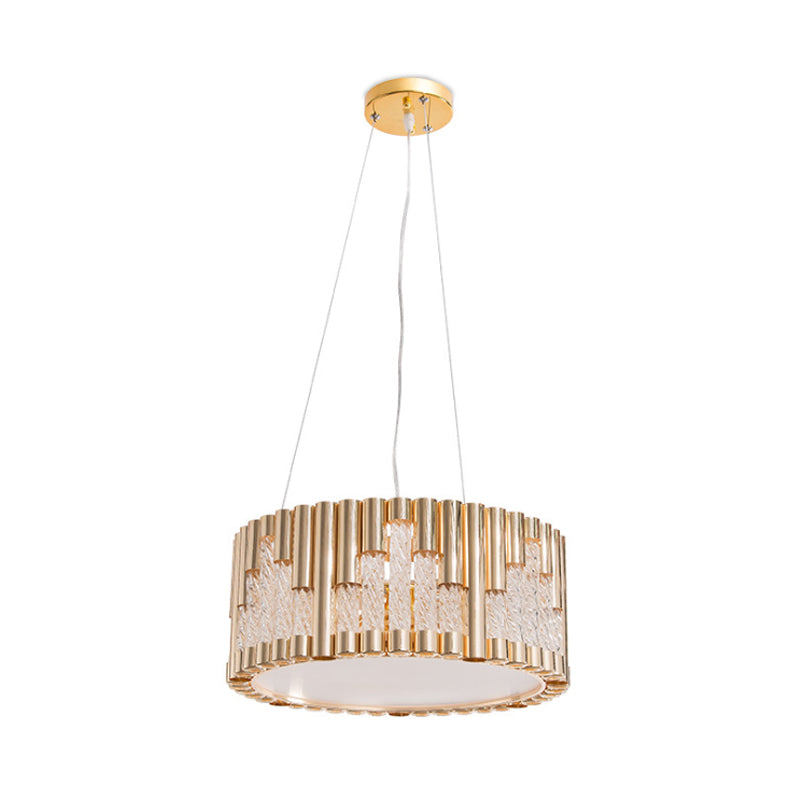 Modern 3-Light Gold Drum Pendant Chandelier For Living Room - Spiral Clear Glass Tube