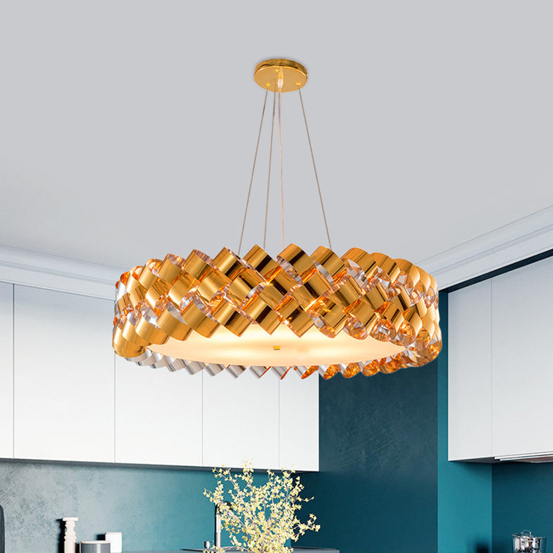 Twisted Panel Contemporary 6-Head Chandelier in Gold with Metallic Drum Design