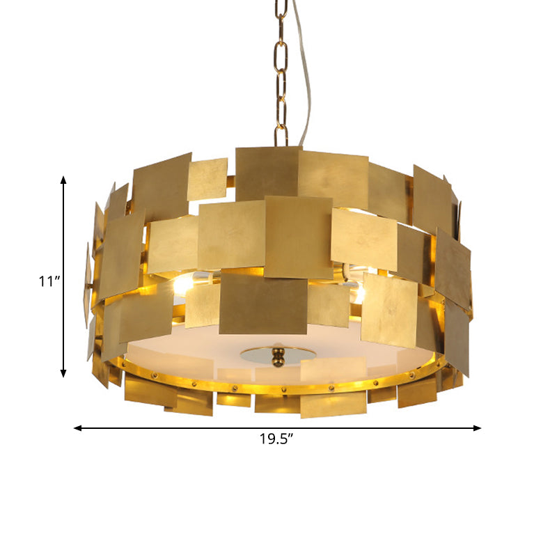 Modern Gold Square Panel Hanging Light Kit - 6 Bulb Metallic Drum Ceiling Chandelier