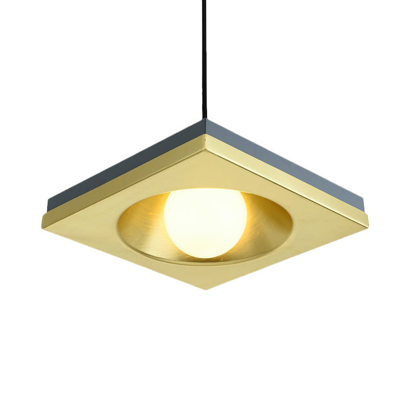 Blue and Gold Modernist Drop Pendant Ceiling Fixture with Metal Concave Squares and 1 Bulb for Bedrooms
