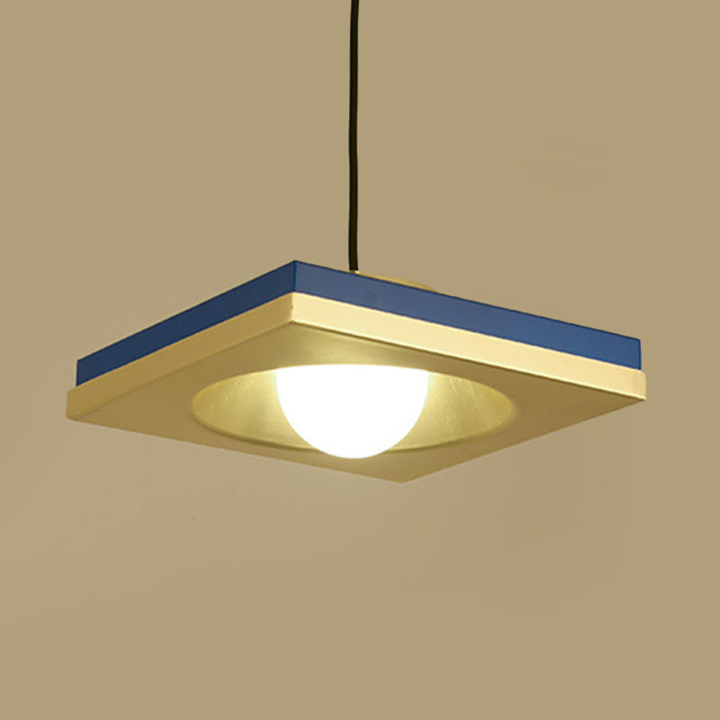Concaved Squared Drop Pendant Metal Bedroom Ceiling Hang Fixture Blue And Gold Finish