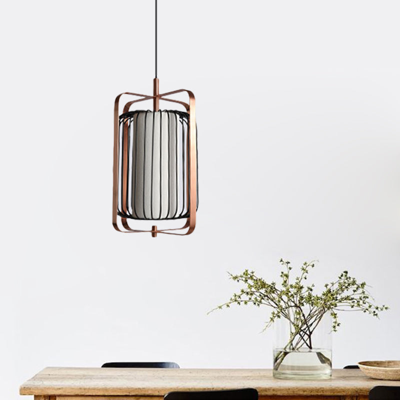 Modern Metal Pendant Lamp with Rose Gold Frame and Black Cage, 1 Light, White Fabric Shade