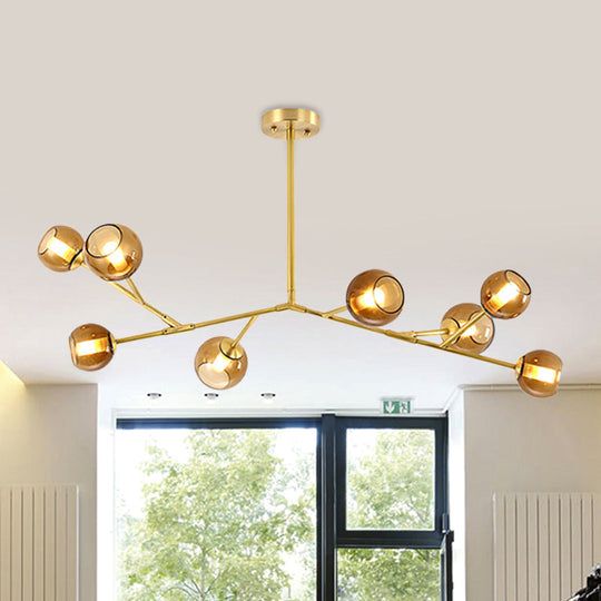 8-Bulb Branch Pendant Chandelier With Amber Glass Shade - Modern Brass Ceiling Fixture For Living