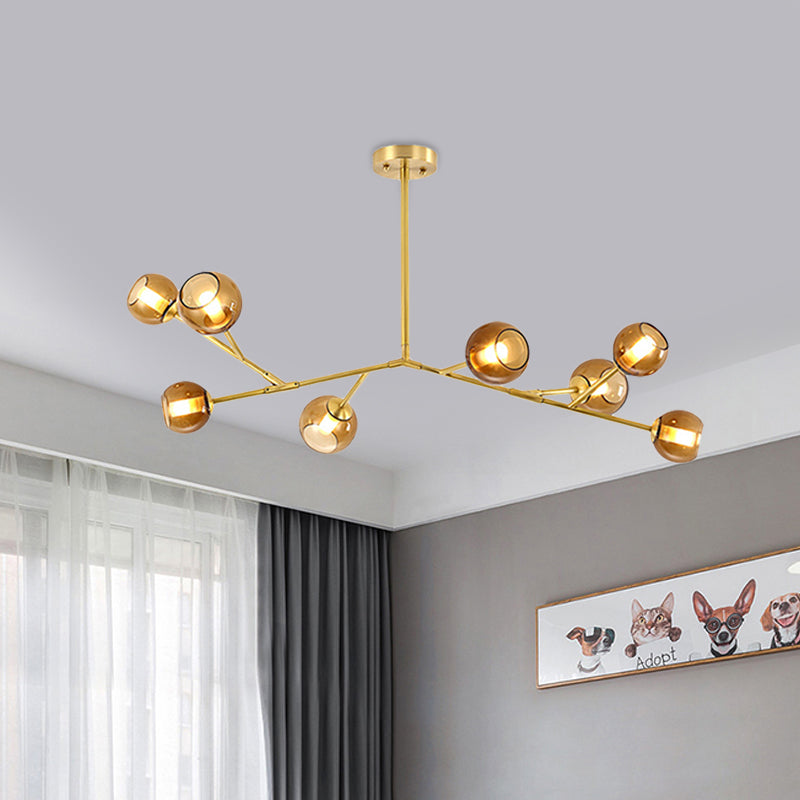 Modern 8-Bulb Brass Chandelier Ceiling Light with Amber Glass Shades