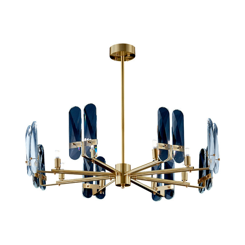 Blue Glass Oval Panel Ceiling Light: Postmodern Brass LED Chandelier Lamp with Radial Design