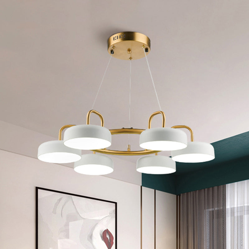 Modernist 6-Head Led Ring Chandelier In White And Gold With Metallic Drum Pendant Light Fixture