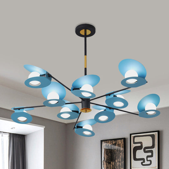 Contemporary Blue Disk Suspension Light Chandelier With 10 Bulbs - Modern Metallic Lamp For Living