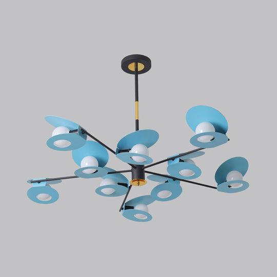 Contemporary Blue Disk Suspension Light Chandelier - Metallic Finish, 10-Bulb Living Room Lamp with Hollow Out Design