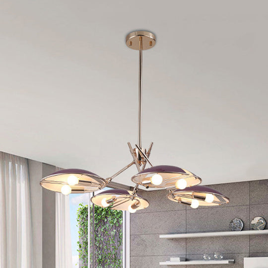 Modern Flat Dome Hanging Light With Metallic Finish - 8-Light Purple Ceiling Chandelier For Living
