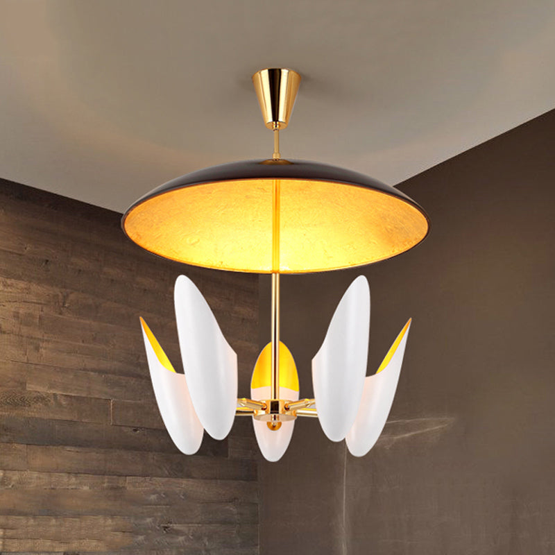 Modern White Pendant Ceiling Lamp - Aluminum Capsule Chandelier with Chamfered Design, 5 Heads and Black Dome Top