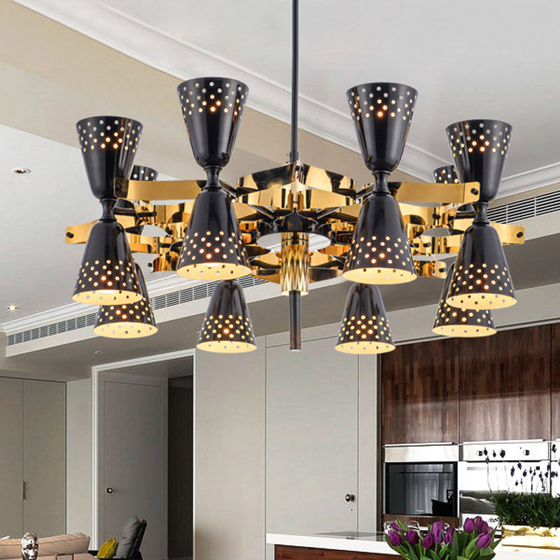 Postmodern 16-Light Iron Hourglass Chandelier - Gold and Black
