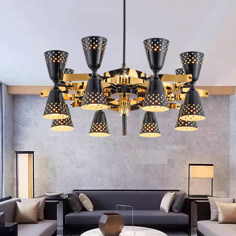 Postmodern 16-Light Iron Hourglass Chandelier - Gold and Black