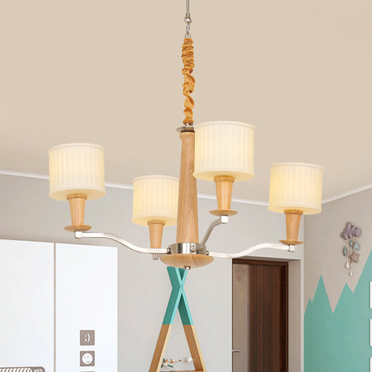 Modern Beige Radial Ceiling Chandelier - 4-Head Wood Hanging Fixture With Cream Glass Shade