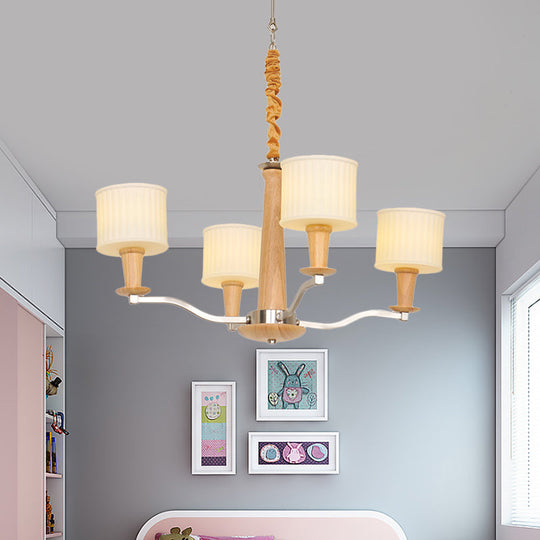 Modern Beige Radial Chandelier with Cream Glass Drum Shade and 4 Wooden Heads