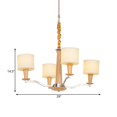 Modern Beige Radial Ceiling Chandelier - 4-Head Wood Hanging Fixture With Cream Glass Shade