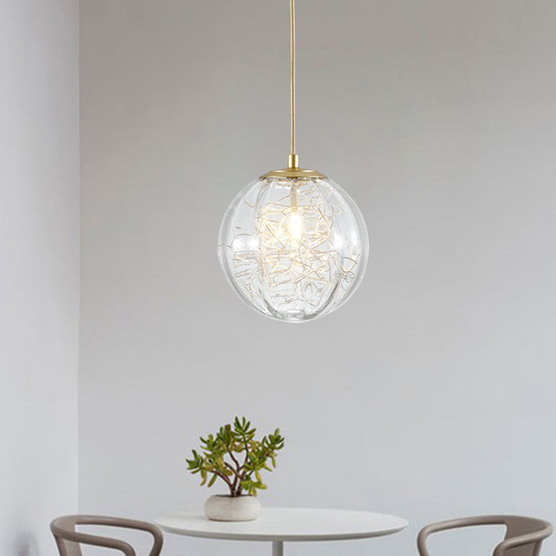 Modern Brass Pumpkin Ball Pendant Lamp With Clear Glass For Bedside Lighting