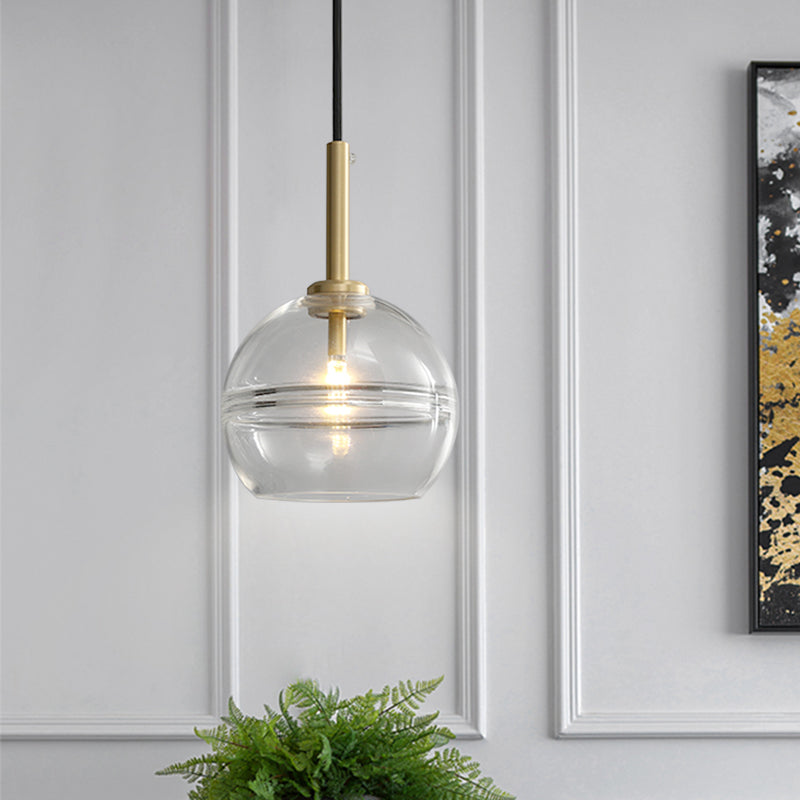 Modern Brass Pendant Lamp Kit with Clear/Smoke Gray Ruffle Glass Shade - 1 Light for Living Room