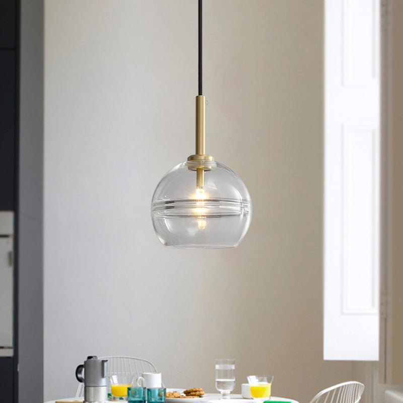 Modernist Brass Pendant Lamp With Clear/Smoke Gray Ruffle Glass Shade - 1 Light Living Room Hanging