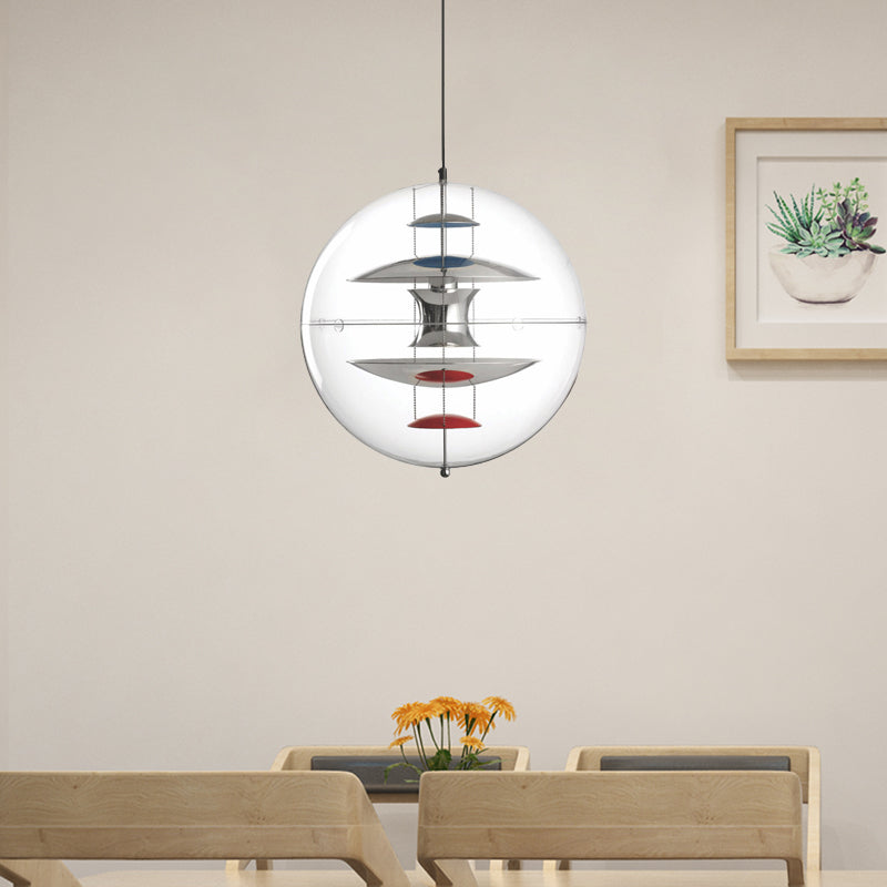 Modernist 1-Head Clear Acrylic Ball Pendant Ceiling Light With Disc Deco - White/Gold/Silver Silver