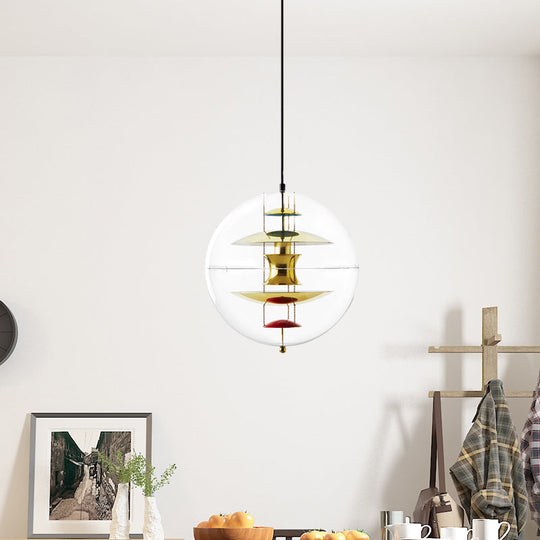 Modernist 1-Head Clear Acrylic Ball Pendant Ceiling Light With Disc Deco - White/Gold/Silver