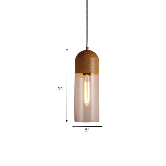 Modern Clear Glass Ceiling Light With Wood Pendant For Bedroom