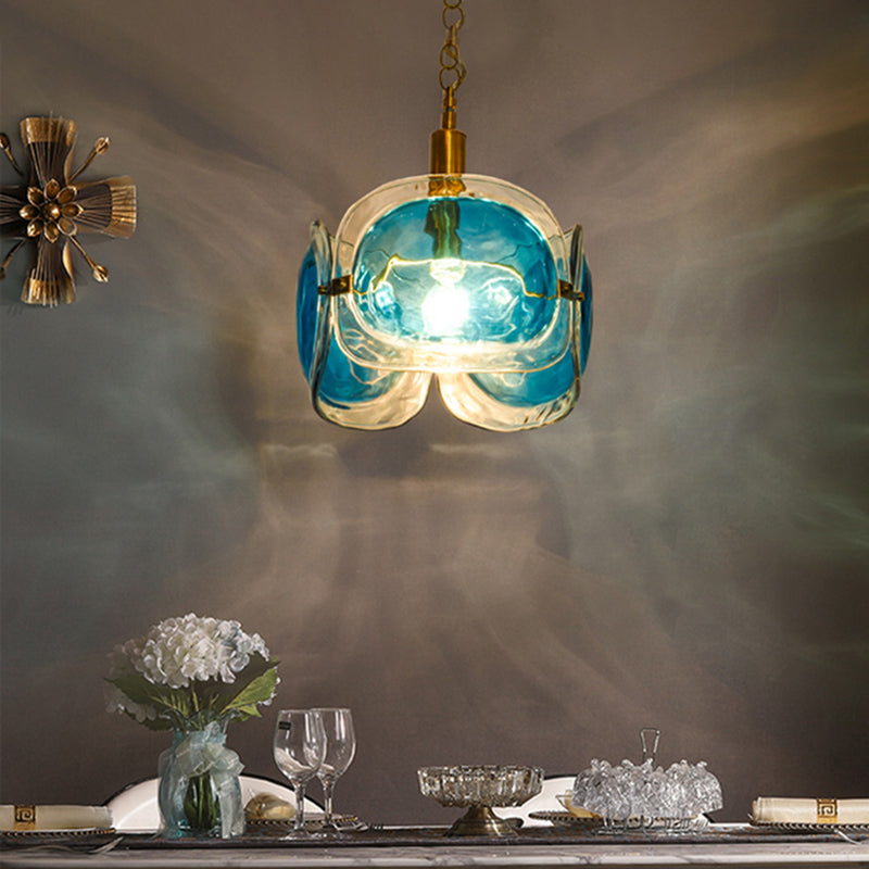 Modern Brass Pendant Lamp Kit | 1-Bulb Restaurant Ceiling Lighting with Blue Water Glass Shade