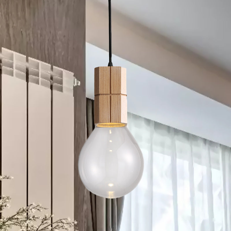 Clear Glass Ceiling Pendant Light with Wood Hanging Kit and Warm/White LED Bulb