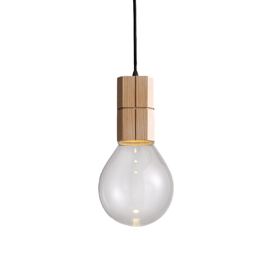 Modern Clear Glass Ceiling Pendant Light With Exposed Bulb - Wood Hanging Lamp Kit In Warm/White